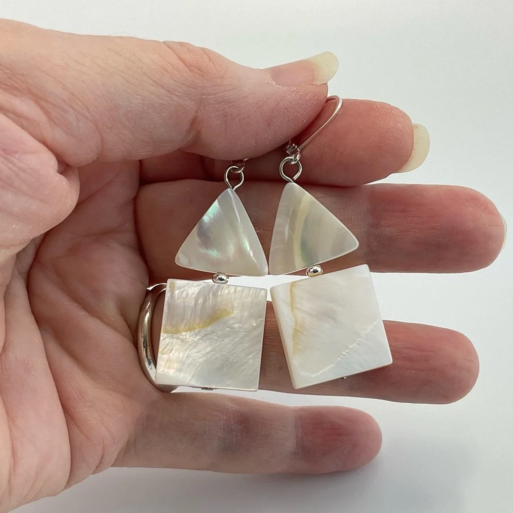 Mod Mother of Pearl Earrings, Handmade, Triangles & Squares, Neutral